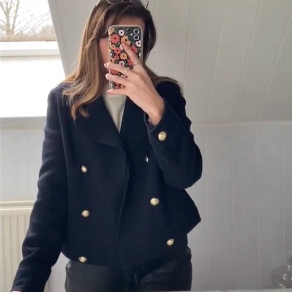 ZARA WOMAN NWT WOOL BLEND CROPPED COAT JACKET GOLD BUTTON Navy BLACK 2283/298 M